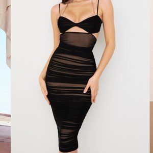 TIBI BLACK CUTOUT RUCHED MIDI DRESS
